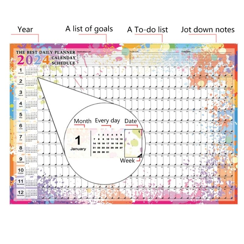 Calendario de pared N80D, planificador anual 2024 en tamaño de póster, planificador de formato apaisado de 14 meses
