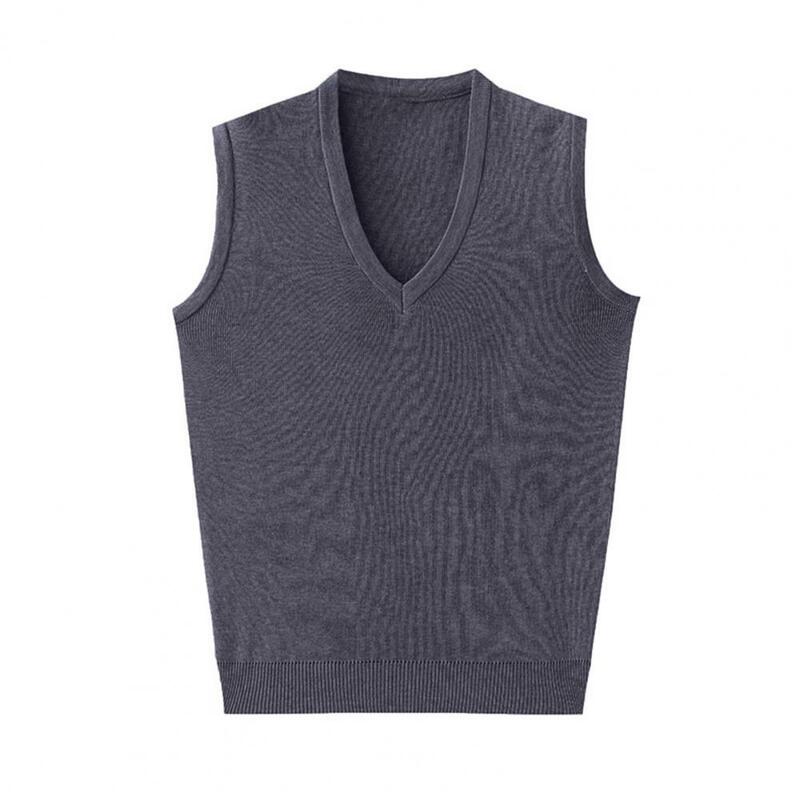 Dziergany sweter męski kamizelka sweter bez rękawów z dekoltem w serek w jednolitym kolorze dopasowana prążkowane mankiety podkoszulek w średnim wieku