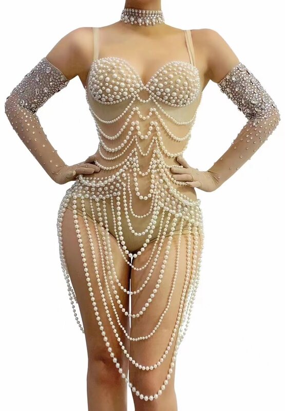 2023 nappe personalizzate pizzo a rete trasparente alto elastico a maniche lunghe perla Sexy vestito da partito stretto vestito da spettacolo teatrale