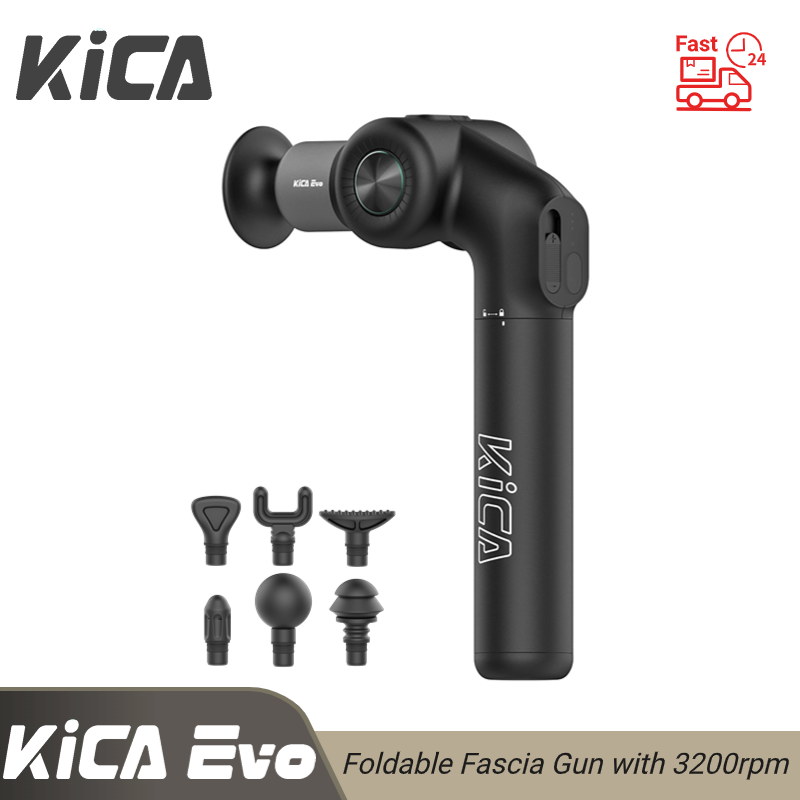 KiCA Evo Fascia Gun Przenośny pistolet do masażu mięśni 15 kg 3 biegi 3200 obr./min z 6 głowicami masującymi Przedłużacz 9 cm Stop aluminium