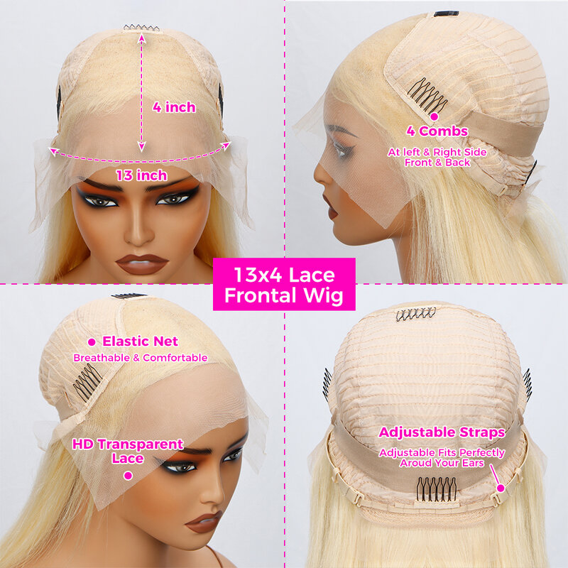 Perruque Lace Front Wig Body Wave brésilienne naturelle, cheveux 613 humains, blond miel, 13x4 HD, 13x4, pre-plucked