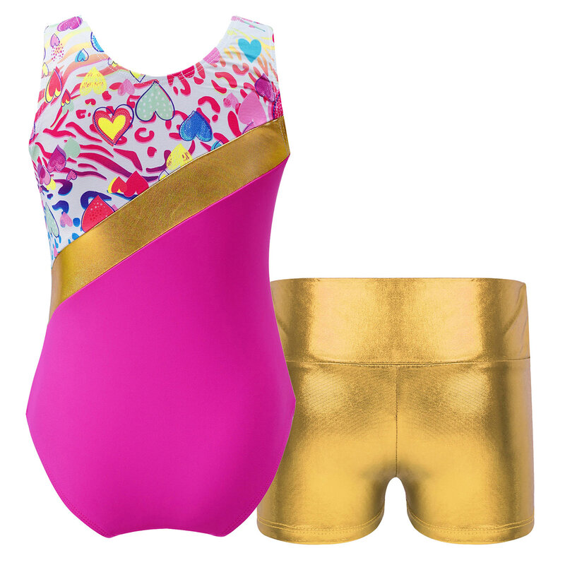 Гимнастический купальник для девочек-подростков, балетный костюм без рукавов с принтом и шортами, спортивный купальник для тренировок