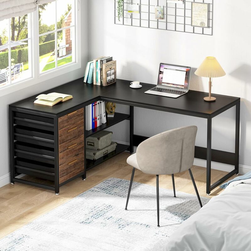 Tribesigns L Shaped Computer Desk with Storage Drawers, 59 inch Corner Desk with Shelves, Reversible L-Shaped Office Desk Study