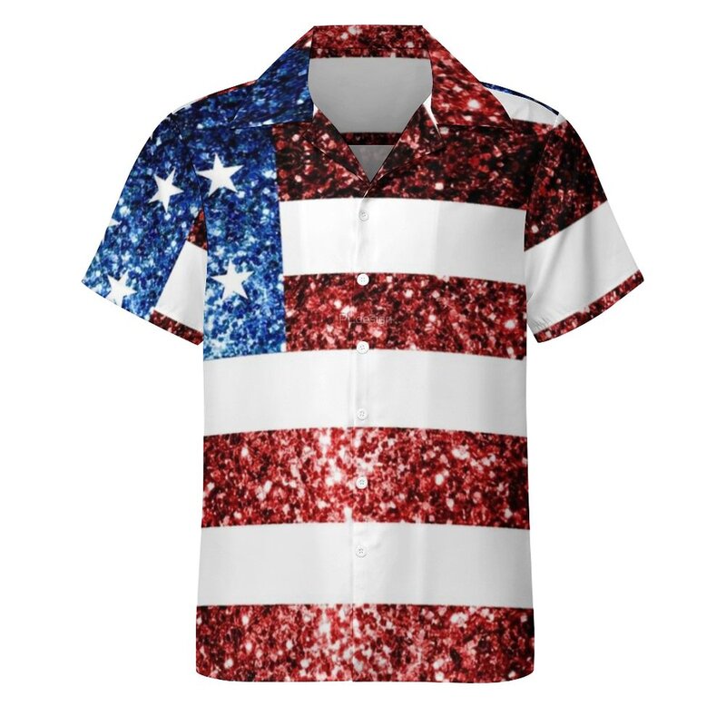 Camisa casual com bandeira americana, camisa solta com faux sparkles e glitters, manga curta, tamanho grande, para a praia, verão