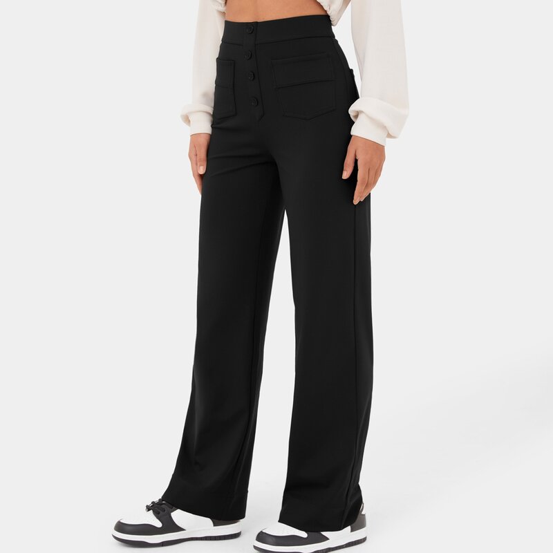 Женские прямые брюки с высокой талией, повседневные эластичные черные брюки из полиэстера с карманами на пуговицах, новинка 2024
