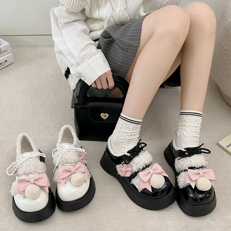 Flat Black Shoes For Women Autumn Oxfords Bow-Knot Shallow Mouth British Style Loafers With Fur Casual Female Sneakers Round Toe