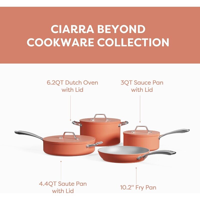 CIARRA Beyond-Juego de utensilios de cocina, juego de ollas y sartenes antiadherentes de cerámica con tapa, no tóxico, PTFE