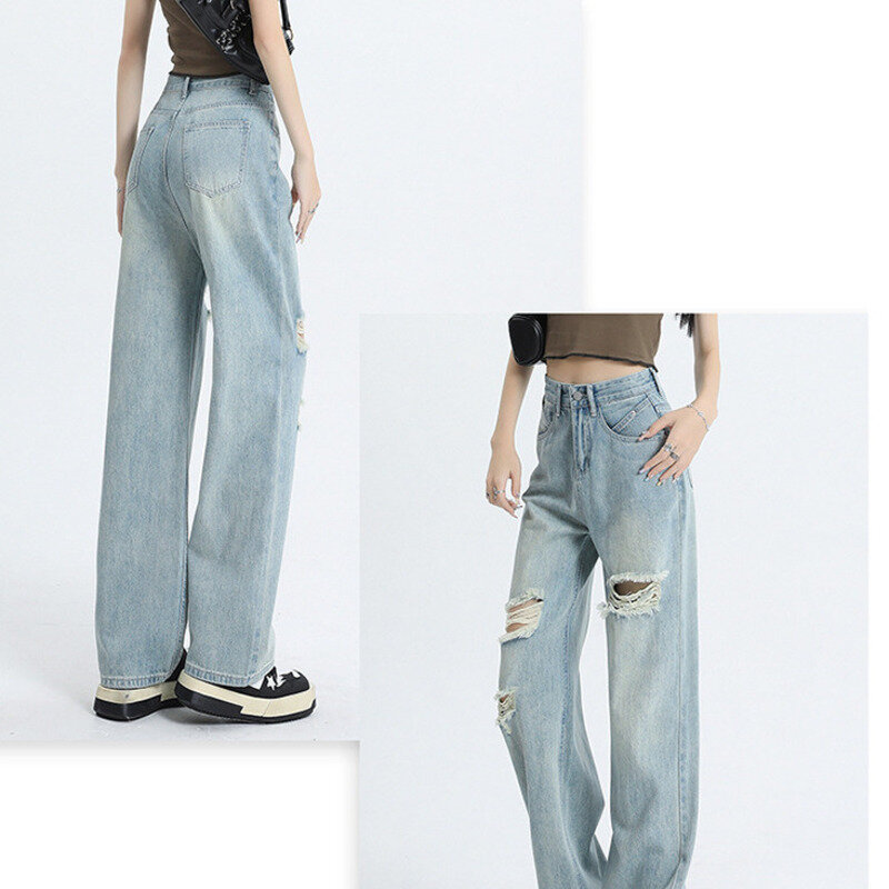 Denim Planet Spicy Girl's Broken Hole Jeans Women's New 2024 Straight Tube Loose High Waist Slim Wide Leg Floor Dragging Pants
