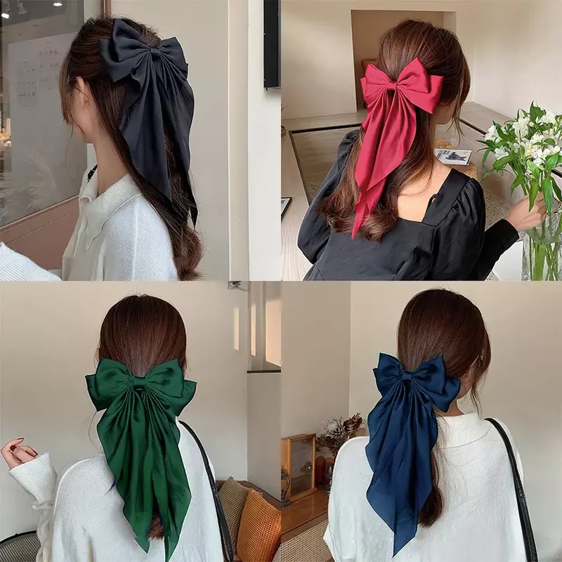 Корейские аксессуары заколки для волос для женщин и девушек с большим бантом однотонные атласные длинные ленточные банты весенние зажимы женские заколки 2023
