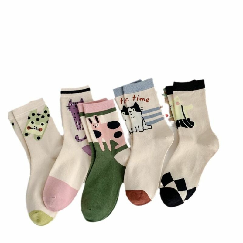 Японские Мультяшные носки, милые хлопковые носки до щиколотки с животными, кошками, теплые носки средней длины в стиле Харадзюку, зимние носки