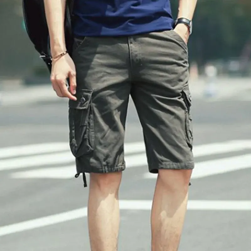 Bermuda Short Pants for Men Solid Mens Cargo Shorts Button Khaki Vintage Cotton Harajuku Loose Baggy Jogger Wide Free Shipping