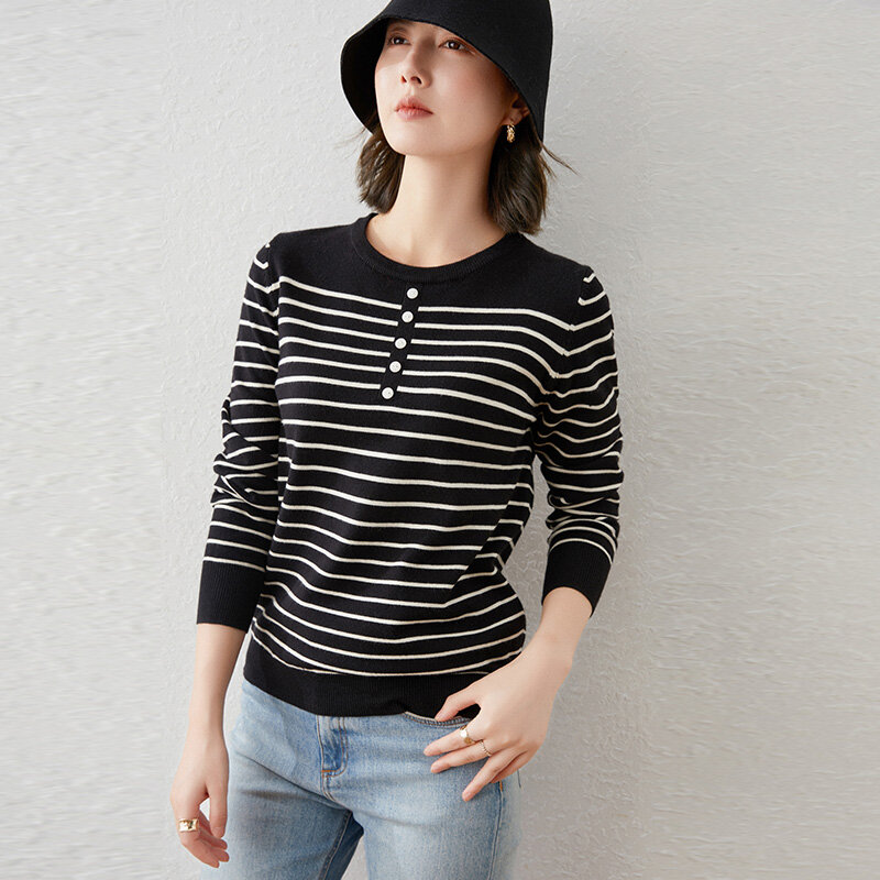 Women's Knitted Sweater Round Neck Single Breasted Striped Loose Pullover Thin Section Long Sleeve 2022 Spring New Gentle Korean
