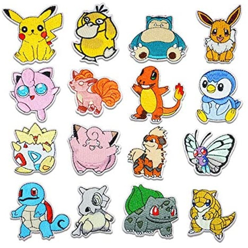 Stiker pakaian Pikachu Patch kain Pokemon 16 buah stiker tempel tambalan bordir Applique besi pada pakaian Dekorasi garmen kartun DIY