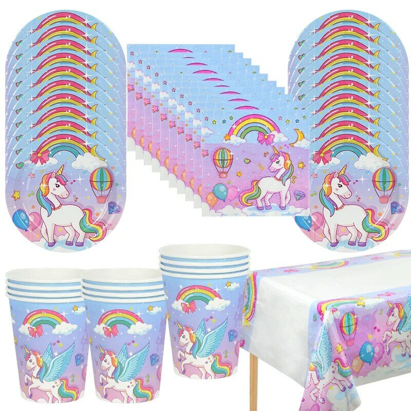 61 Buah/Set Peralatan Makan Sekali Pakai Unicorn Pelangi Cangkir Kertas Taplak Meja Anak Perempuan Unicorn Tema Perlengkapan Dekorasi Pesta Ulang Tahun