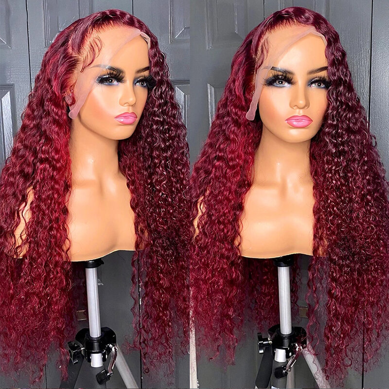 Peluca Frontal de encaje HD, cabello humano rizado completo, color rojo, 13x6, 30, 32, 34, 99j, Borgoña 360, 13x4