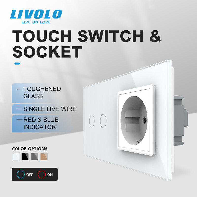 Livolo-toma de corriente de pared con Interruptor táctil, enchufe estándar europeo de 16A, CA 220-250V, Panel de cristal de 4 colores, C702-C7C1EU-11, sin logotipo