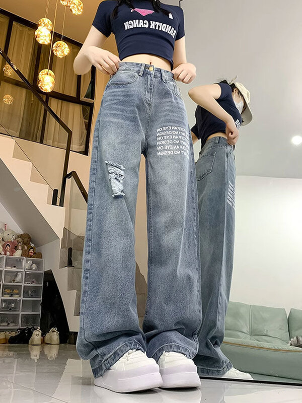 Jmrs donna Streetwear buco Jeans lettera Vintage pantaloni larghi Casual in Denim pantaloni americani retrò Harajuku a vita alta Bf Design