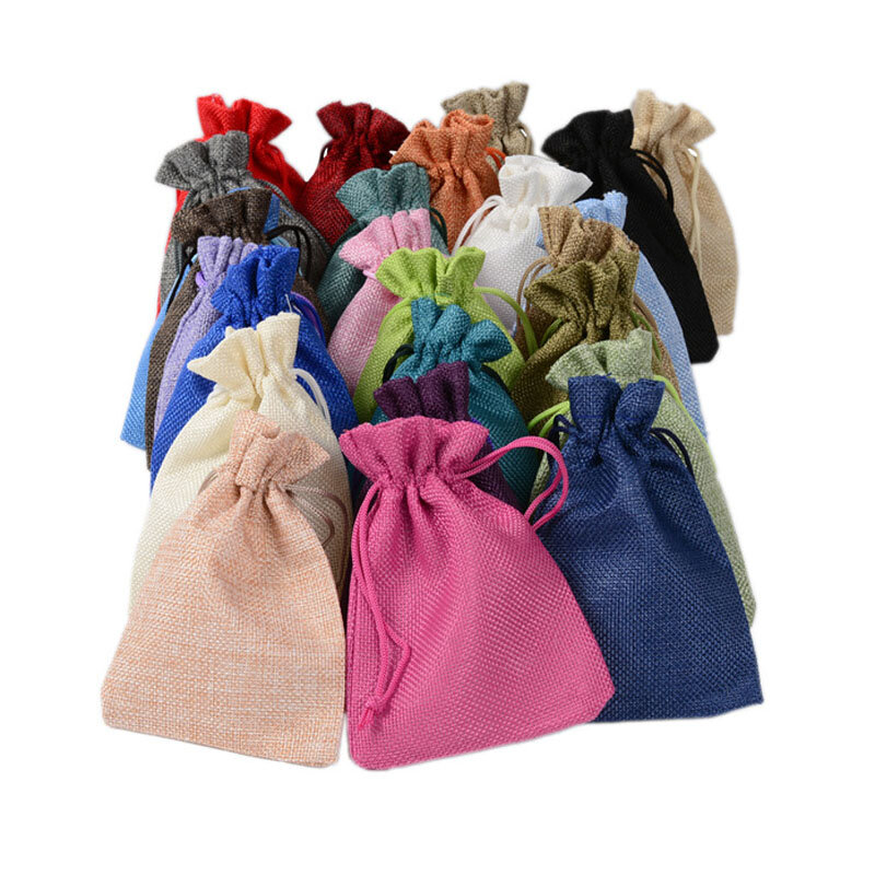 50 unids/lote 7x9 cm bolsas de arpillera de yute bolsas de lino bolsas con cordón para regalo de boda de Navidad bolsa de embalaje logotipo personalizado