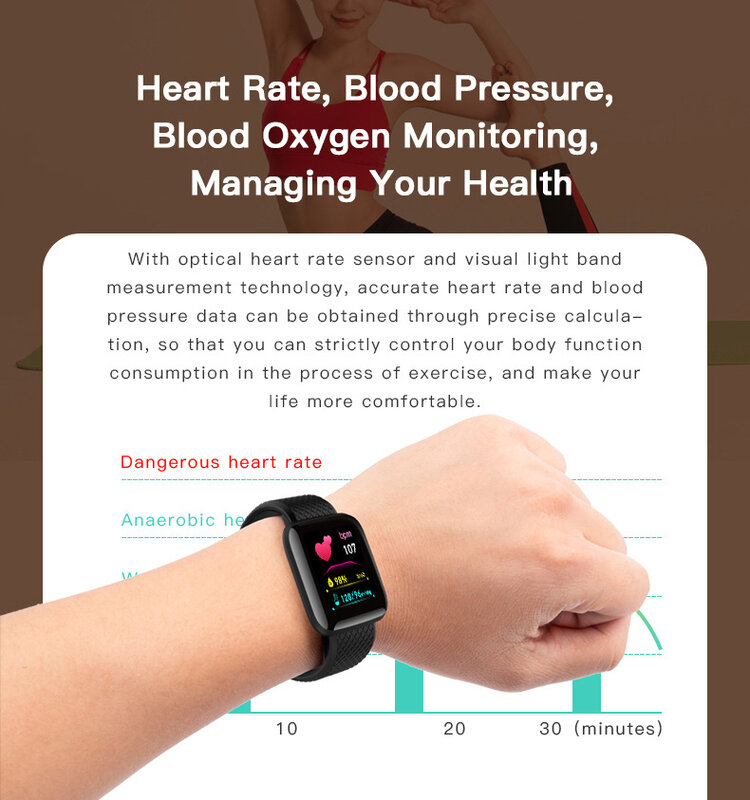Relógio inteligente compatível com Bluetooth para homens e mulheres, Android, pressão arterial, monitor de freqüência cardíaca, IP67 impermeável, pulseira esportiva, iOS, Kids