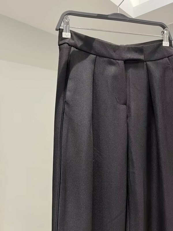 Kobiety nowa moda satynowa tekstura spodnie dół luźne, z wełny mieszanka szerokie nogawki spodnie Vintage wysoki stan damskie spodnie zamek błyskawiczny Mujer