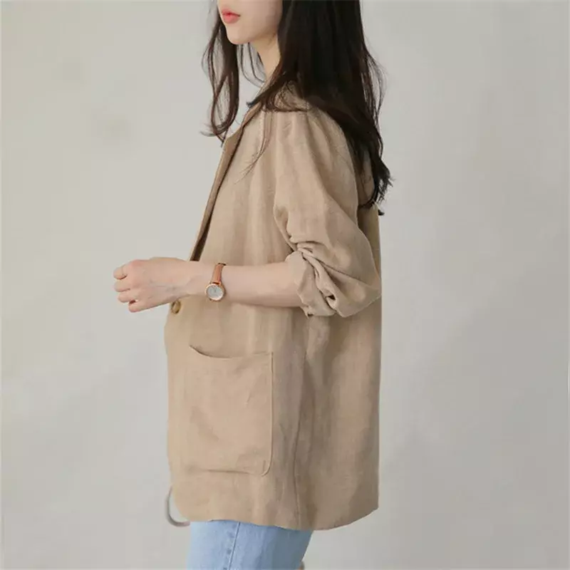 Blazer de color caqui para mujer, chaqueta elegante de manga larga con un solo botón, color liso, talla grande, primavera y otoño, 2024