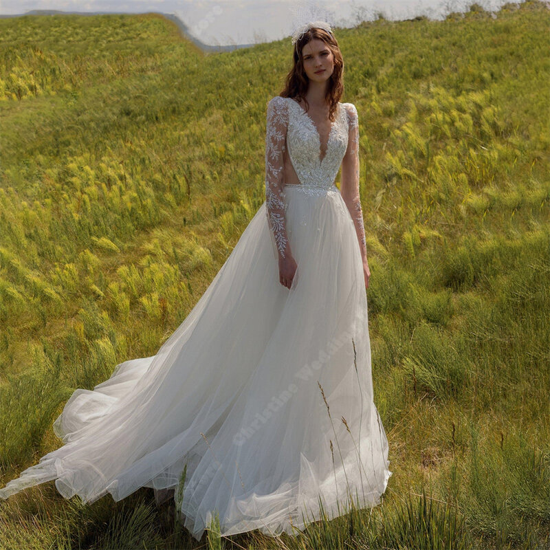 Женское кружевное свадебное платье, элегантное сексуальное платье с V-образным вырезом, длинным рукавом, в стиле бохо, выполненное по индивидуальному заказу, 2024
