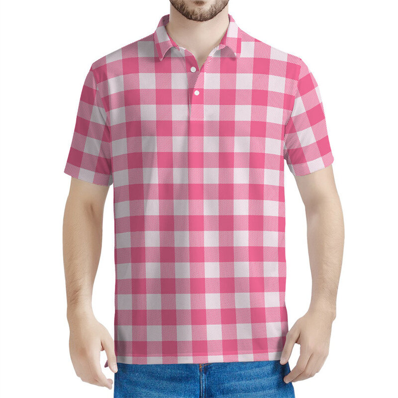 Camisa polo gráfica de grades coloridas masculina, camiseta xadrez impressa em 3D, blusa casual solta de mangas curtas verão, camiseta lapela