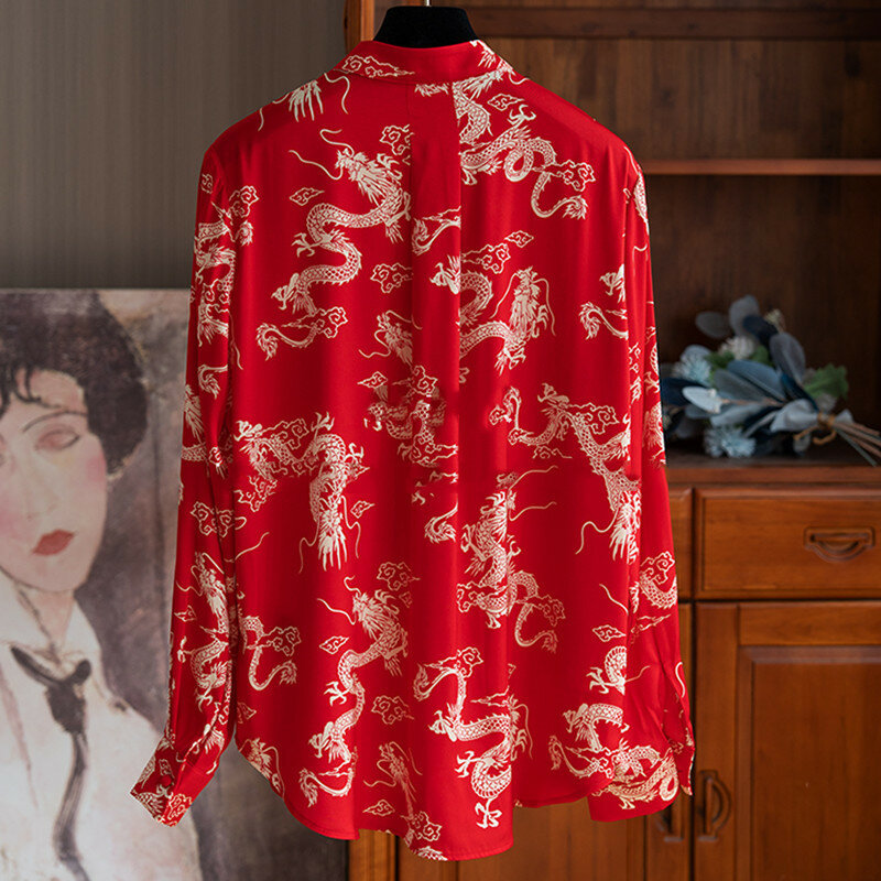 女性のシルクシャツ,高品質の中国のプリント,hongyun dragonのパターン,スタンドカラー,ボタン,フェミニンなブラウス,y2k