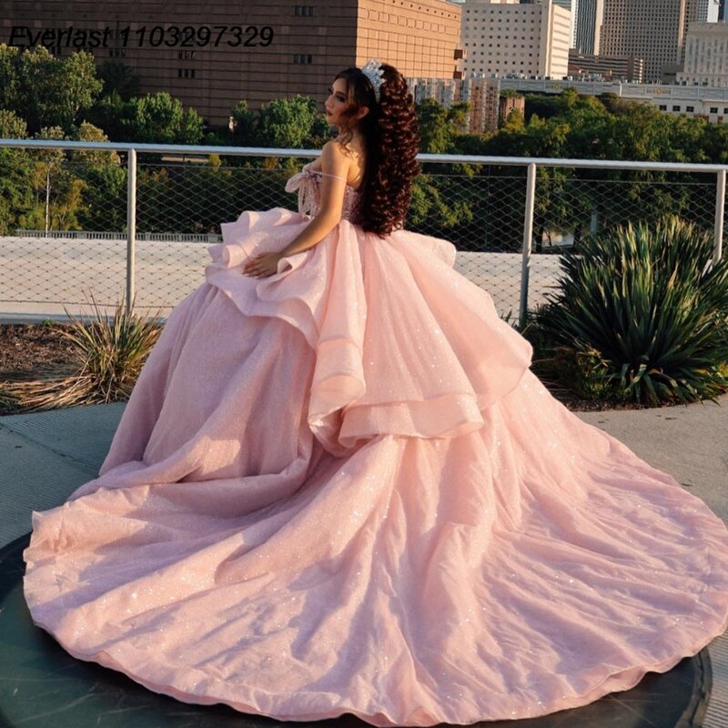 EVLAST brokatowa błyszcząca różowa sukienka na Quinceanera suknia balowa z koralikami i diamentami warstwowa gorset słodki 16 Vestidos De 15 Anos TQD806