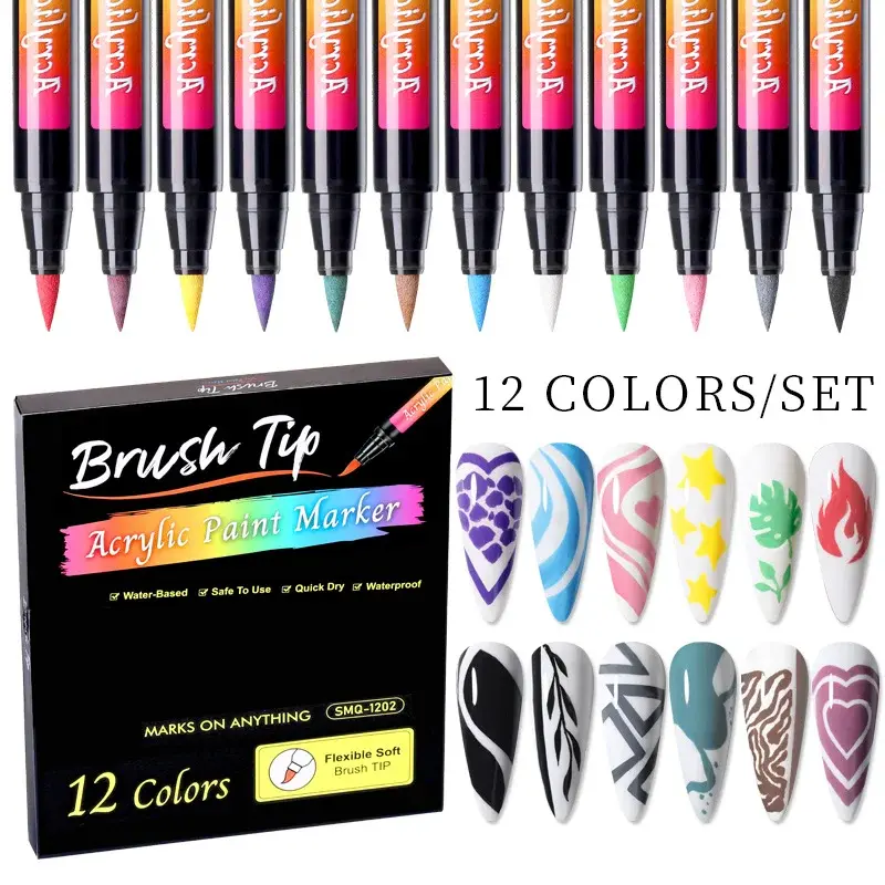 Impermeável Nail Art Graffiti Pen Set, Nail Markers, Highlighter, desenho, pintura Liner, escova, DIY Art Kit, acessórios, 12 cores