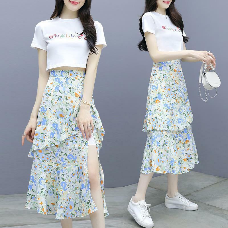 Новая летняя женская юбка, с эластичной талией, индивидуальный уличный стиль, Повседневная мода, в комплекте с короткой футболкой