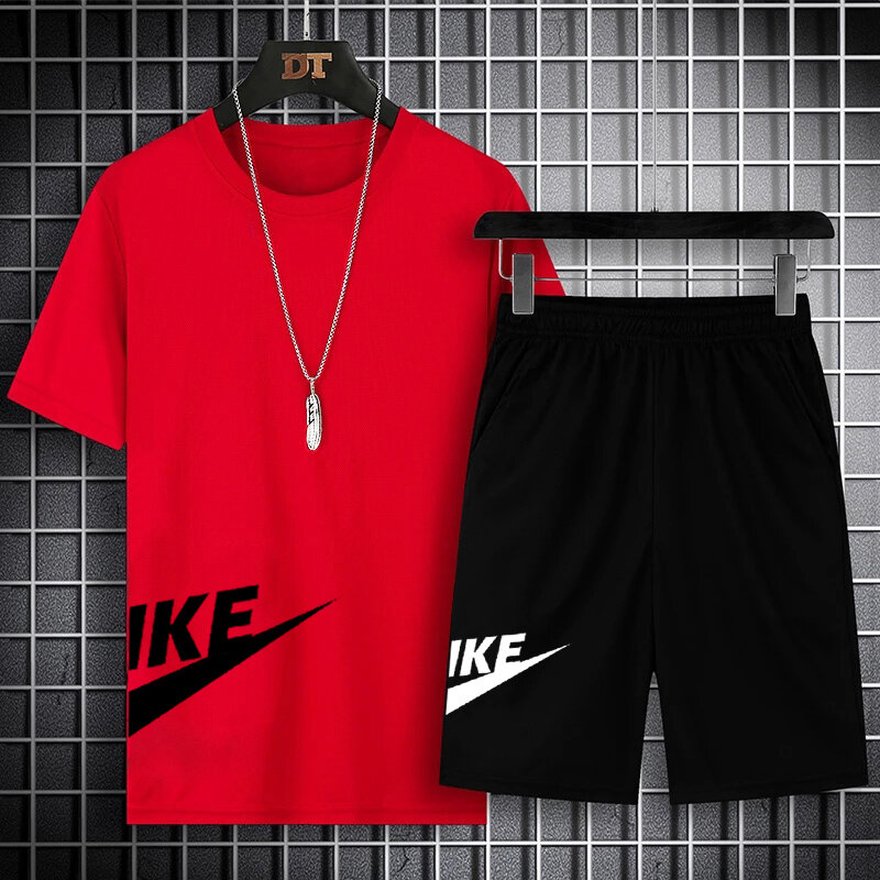 Conjunto de camiseta e shorts de manga curta masculino, fato de treino casual, roupas esportivas estampadas, verão, 2 peças