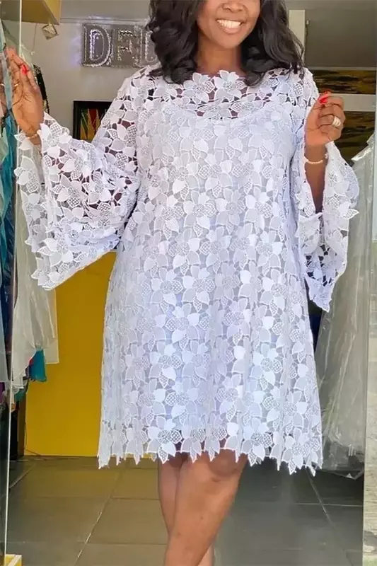 Женское повседневное белое кружевное мини-платье с длинными рукавами