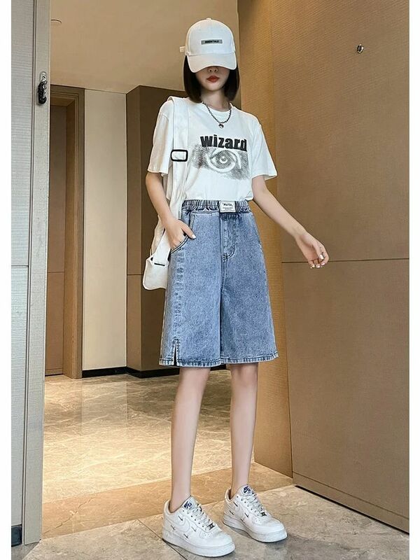 Large Size Denim Shorts Women Summer Five Points Middle Pants Thin Section Wide Loose Tight High Waist Slim Wide Leg Fattening