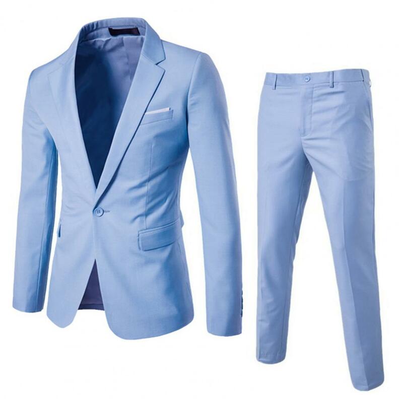 Blazer de negócios masculino, conjunto de calças, lapela, manga longa, botão único, bolsos, ajuste fino, casamento, noivo
