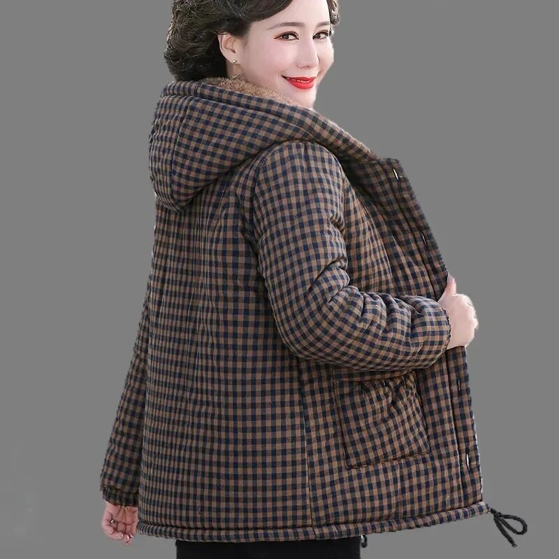 Jaket Hoodie Wanita musim dingin 2023, mantel bulu berkerudung, jaket berlapis katun, jaket kotak-kotak, atasan hangat tebal, mantel ukuran besar 5XL