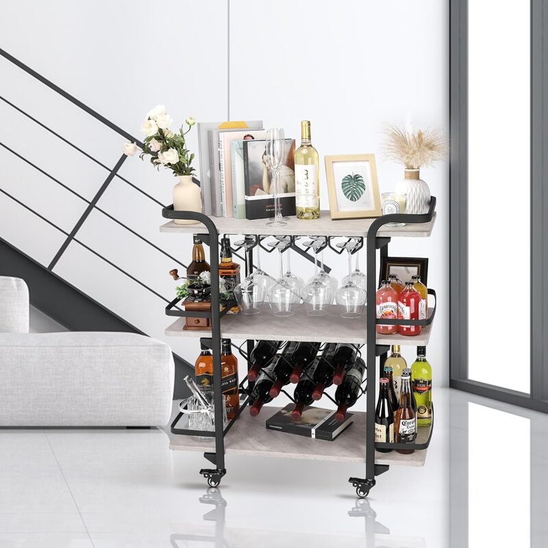 Estantes de carrito de Bar de 3 niveles con estantes de vino y soportes de vidrio, gris claro, estantes de cóctel de bebidas con 4 ruedas bloqueables