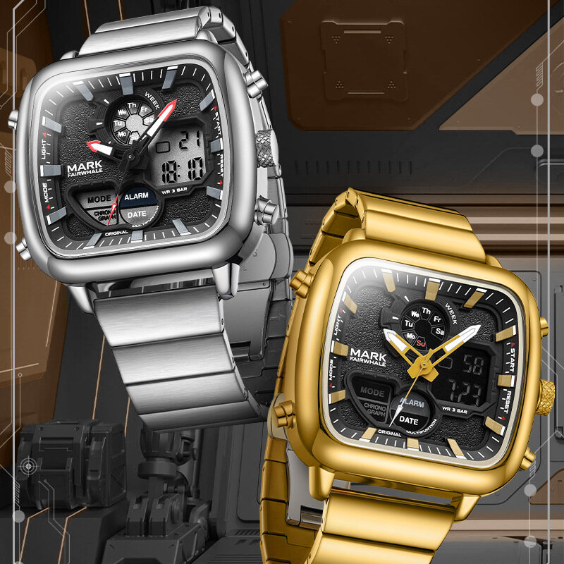Reloj de pulsera de cuarzo de acero inoxidable para hombre, cronógrafo multifuncional con doble pantalla, marca de lujo, marca Mark Fairwhale, 2024