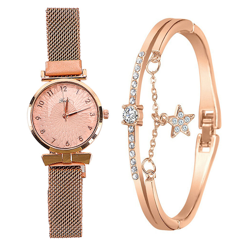 Mode Vrouwen Horloges Luxe Magneet Gesp Bloem Rhinestone Horloge Dames Quartz Horloge Armband Set Reloj Mujer