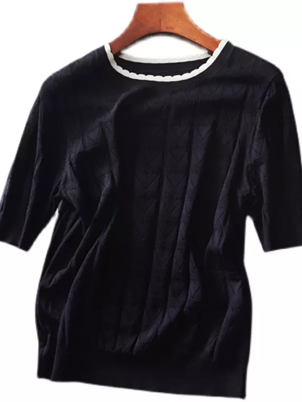 여성용 슬림 시크 티셔츠, 할로우 아웃 단색, 블랙 화이트 니트, 루즈 캐주얼 상의, 스위트 레이디, 여름 신상