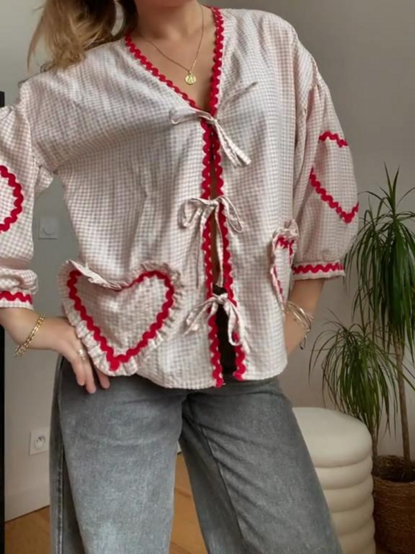 Modne w paski kontrastujące kolory koszula damska w kratę serce długi rękaw z latarnią koszule z dekoltem w kształcie litery v 2024 wiosennych letnich uroczych bluzek