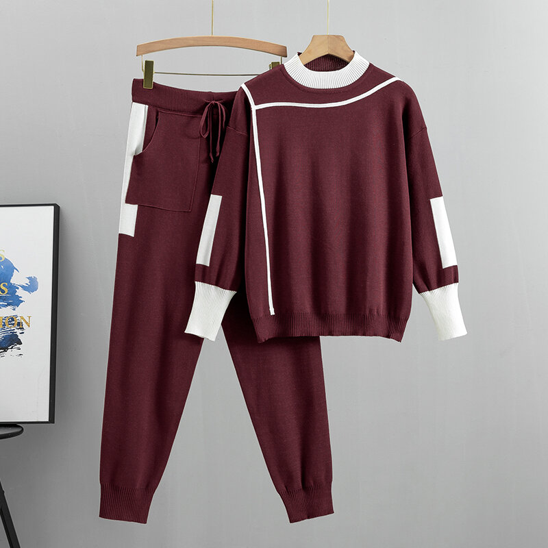 Женский трикотажный комплект из 2 предметов, Повседневный пуловер с длинным рукавом и брюки в стиле пэчворк, весна-осень 2023