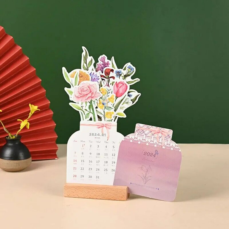 Calendrier de bureau en bois avec cadre en fleurs pour fille, mini bloc-notes, décoration florale exquise, mignon et créatif, 2024, 1 pièce