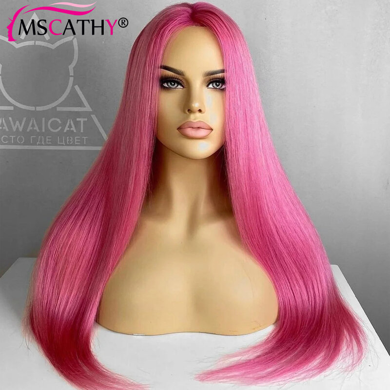 Wig renda depan transparan 13x4 HD berwarna merah muda Wig rambut manusia Virgin Brasil garis rambut lurus sutra untuk wanita