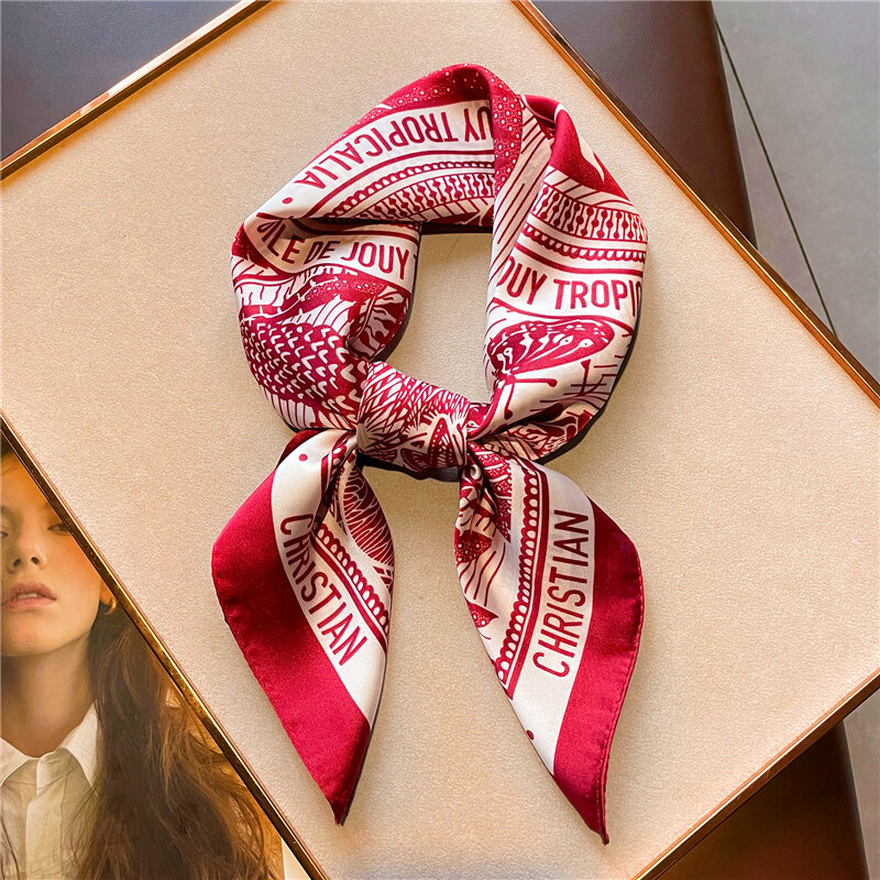Модный атласный шелковый шарф 70 см для женщин, роскошные брендовые квадратные шарфы с принтом, платок для леди, шаль, повязки для волос, лента