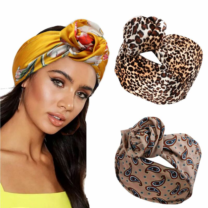 Hot Sale Printed Gold Velvet Knotted Iron Wire Headband Fashion Retro Cross Hairband Headwear for Women