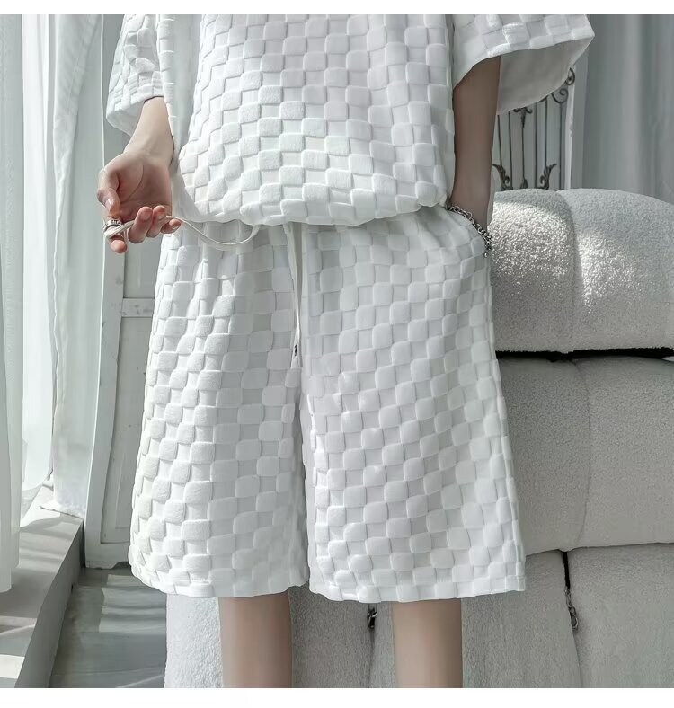 Men's High-end Summer Sets White Checkerboard T-shirts Shorts Summer Trendy Quality Casual Clothes Korea Youth Ins Hot Style 8XL