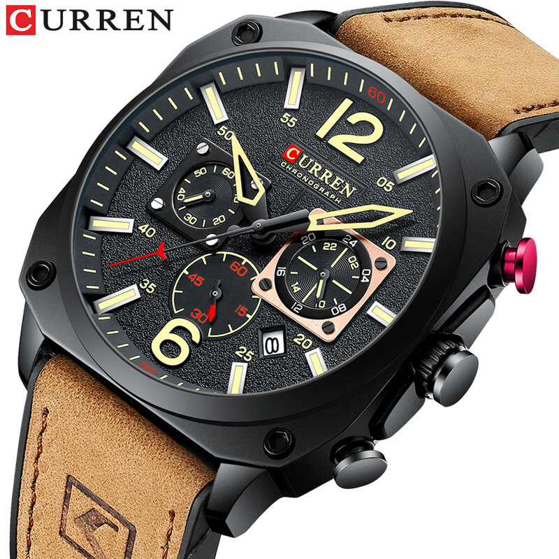 CURREN Brand Luxury Men Brown Quartz Wristwatches for Male Luminous Chronograph Dial Leather Clock Casual Sports Watch