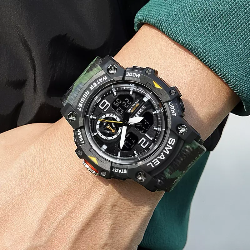 SMAEL-Camo Sports relógios para homens, quartzo duplo, digital LED, cronômetro de moda, despertador militar, pulseira masculina