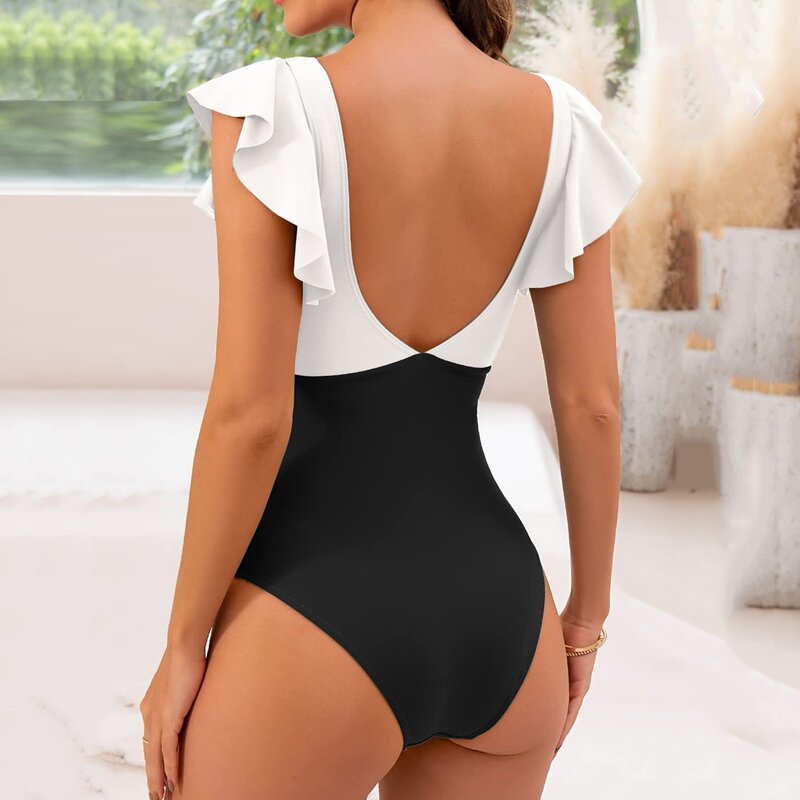 Pakaian renang Bikini One-piece kontrol perut 2024 pakaian pantai wanita warna polos Ruffle punggung terbuka pakaian pantai pakaian renang wanita